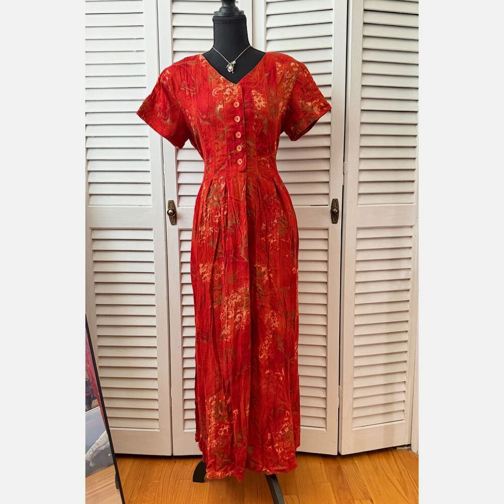 Vintage 90's Red and Orange Rayon Floral Shirt Dress Cottagecore Size 6